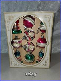 10 Vintage Mid Century USA Shiny Brite Glass Christmas Ornaments Original Box
