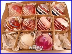 10 Vintage WWII Unsilvered Shiny Brite 3 D Xmas Ornaments Striped Paper Cap HTF