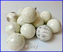 10 White Glass Christmas Tree Balls Handmade Glitter Holiday Decorations