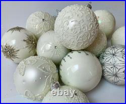 10 White Glass Christmas Tree Balls Handmade Glitter Holiday Decorations