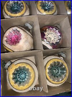 11 Vintage SHINY BRITE Christmas Ornaments tri color indent mica snow 2 in box