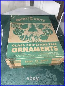 11 Vintage SHINY BRITE Christmas Ornaments tri color indent mica snow 2 in box
