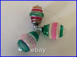 11 Vintage SHINY BRITE WWII unsilvered Indent/Stripe Glass Christmas Ornaments