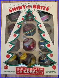 11 Vintage SHINY BRITE WWII unsilvered Indent/Stripe Glass Christmas Ornaments