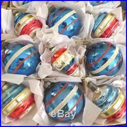 12 Corning Premier Vtg PATRIOTIC Glass Xmas Ornaments dbl Indent Stripes Shapes