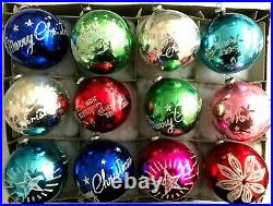 12 Mercury Glass Stenciled withMica Glitter Xmas Ornament JAPAN 1940s 2.75! WOW