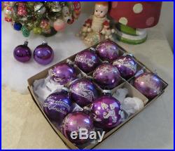 12 Purple Shiny Brite Stencil Glass Merry Xmas Ornament HELLO Joy to the World