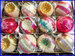 12 Shiny Brite Large Stencil Mica Double Indents Vtg Glass Xmas Ornaments Merry