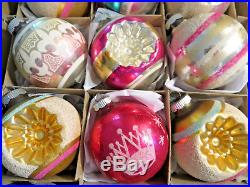 12 Shiny Brite Large Stencil Mica Double Indents Vtg Glass Xmas Ornaments Merry
