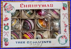 12 Shiny Brite Xmas Ornaments Tornado, Ringed, Indents, Spaceship With Box