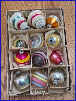 12 Shiny Brite Xmas Ornaments Tornado, Ringed, Indents, Spaceship With Box