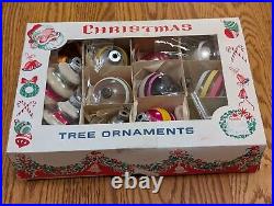 12 Shiny Brite Xmas Ornaments Tornado, Ringed, Indents, Spaceship With Box