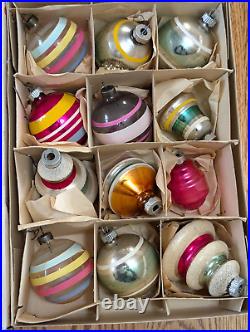 12 Shiny Brite Xmas Ornaments Tornado, Ringed, Indents, Spaceship With Box