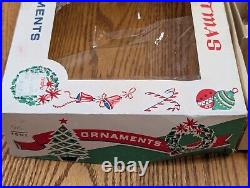 12 Shiny Brite Xmas Ornaments Tornado, Ringed, Indents, Spaceship With Box