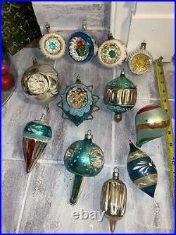 12 VTG CHRISTMAS GLASS ORNAMENTS Shiny Brite Wired Mica Triple Reflector Ribbed