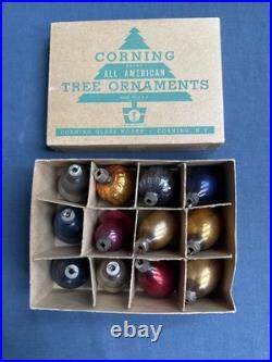 12 Vintage Corning Glass Works Christmas Tree Ornaments in Box WWII era USA