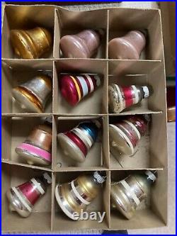 12 Vintage Glass Small BELL Christmas Ornaments Shiny Brite In Box