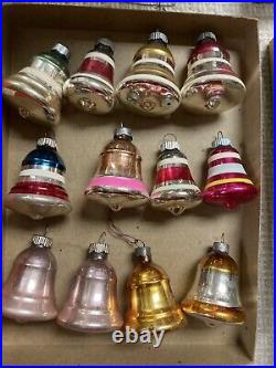 12 Vintage Glass Small BELL Christmas Ornaments Shiny Brite In Box