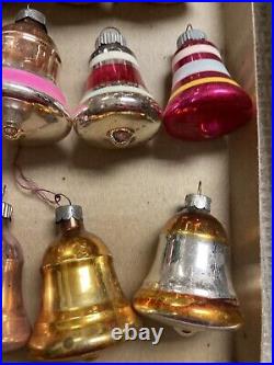 12 Vintage Glass Small BELL Christmas Ornaments Shiny Brite In Box