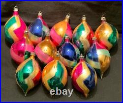 12 Vintage Poland Glass Christmas Ornaments Multicolor Glitter Teardrop