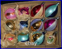 12 Vintage Poland Glass Christmas Ornaments-multicolor Glitter Teardrop & Round
