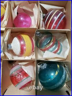 12 Vintage Shiny Brite Striped Unsilvered Glass Christmas Ornaments