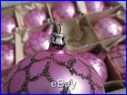 12 Vtg Christmas Ornaments Pink Mercury Glass GLITTER FISH SCALE POLAND in Box