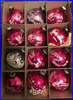 12 Vtg Glass CHRISTMAS ORNAMENTS Large size All Stencil Shiny Brite USA Pink
