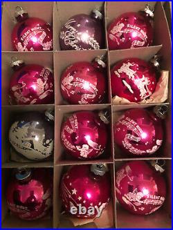 12 Vtg Glass CHRISTMAS ORNAMENTS Large size All Stencil Shiny Brite USA Pink