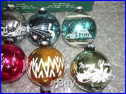 12 Vtg LARGE Stencil Scenes Glass Christmas Ornaments Shiny Brite with BOX