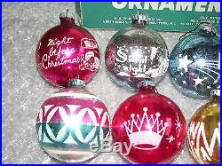 12 Vtg LARGE Stencil Scenes Glass Christmas Ornaments Shiny Brite with BOX