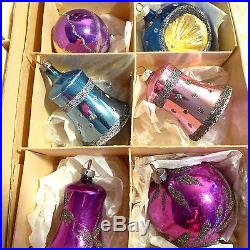 12 Vtg Lavender Purple Mica Bells Indents Glitter Glass Xmas Ornaments Germany