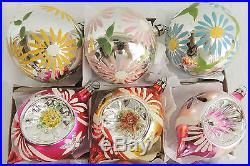 12 Vtg SHINY BRITE POLAND Flower INDENT Teardrop CANDY MICA Glass Xmas Ornament