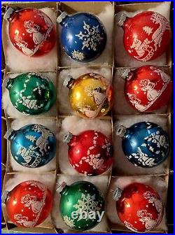 12 Vtg. Shiny Brite Stenciled Xmas Ornaments Angels Santa Bells Snowflake 1950s