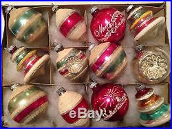 12 Vtg ShinyBrite Glass Xmas Tree Ornaments Stenciled Trees Striped Indent