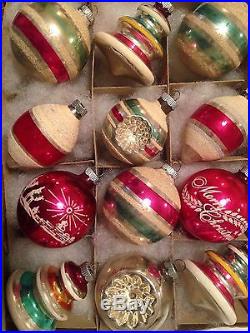 12 Vtg ShinyBrite Glass Xmas Tree Ornaments Stenciled Trees Striped Indent