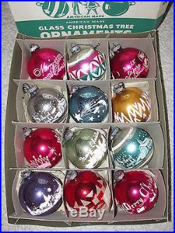 12 Vtg Stencil Scenes BIG Glass Christmas Ornaments Shiny Brite with BOX