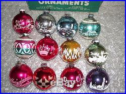 12 Vtg Stencil Scenes BIG Glass Christmas Ornaments Shiny Brite with BOX