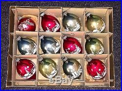 12 Vtg Stencil Scenes RARE SHAPE Glass Christmas Ornaments Shiny Brite with BOX