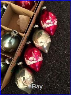 12 Vtg Stencil Scenes RARE SHAPE Glass Christmas Ornaments Shiny Brite with BOX