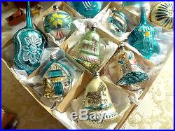 12 Vtg West Germany Glass Turquoise Silver Xmas Ornament Bell Instrument Church