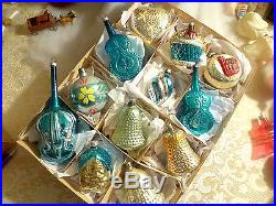 12 Vtg West Germany Glass Turquoise Silver Xmas Ornament Bell Instrument Church