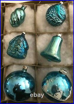 12 Vtg Xmas Ornaments Shiny Brite Stencils Bell Indent Lantern Cabin Bird Swirl