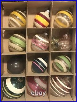 14 PC Vintage Shiny Brite Christmas Striped WW2 Wartime Unsilvered Ornament LOT