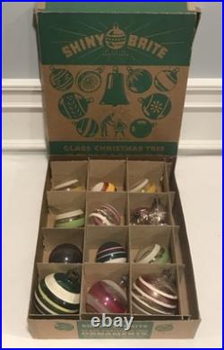 14 PC Vintage Shiny Brite Christmas Striped WW2 Wartime Unsilvered Ornament LOT
