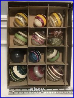 14 PC Vintage Shiny Brite Christmas Striped WW2 Wartime Unsilvered Ornament LOT