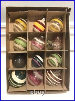 14 PC Vintage Shiny Brite Christmas Striped WW2 Wartime Unsilvered Ornament LOT