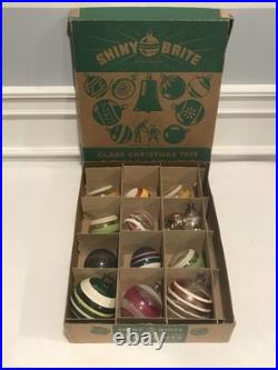 14 PC Vintage Shiny Brite Christmas Striped WW2 Wartime Unsilvered Ornament LOT
