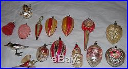 15 Antique Blown Spun Glass Christmas Feather Tree Hand Painted ORNAMENTS