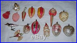 15 Antique Blown Spun Glass Christmas Feather Tree Hand Painted ORNAMENTS